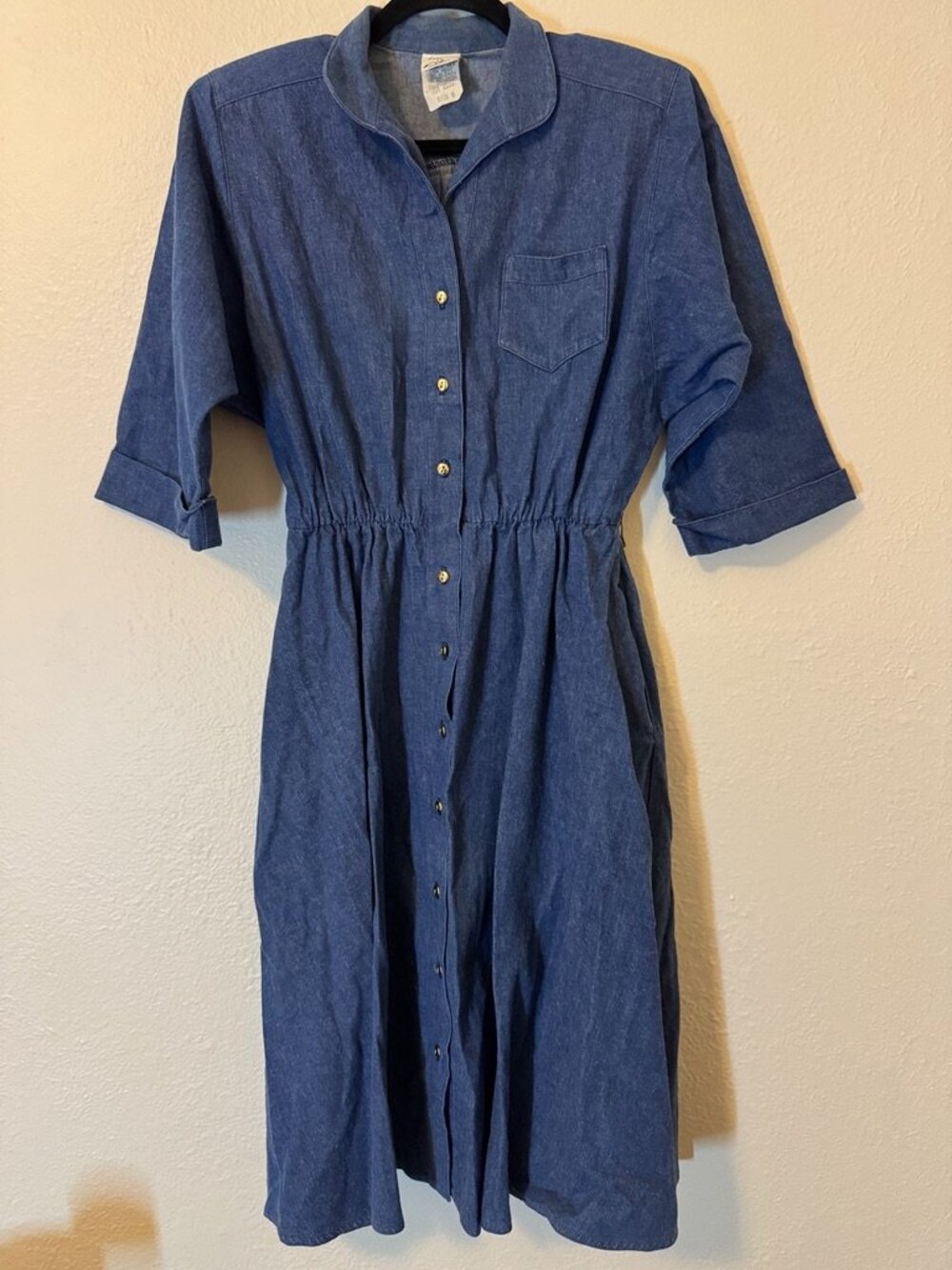 Vintage 80s 90s Dark Wash Denim Button Down Midi Shirt Dress Size 8P
